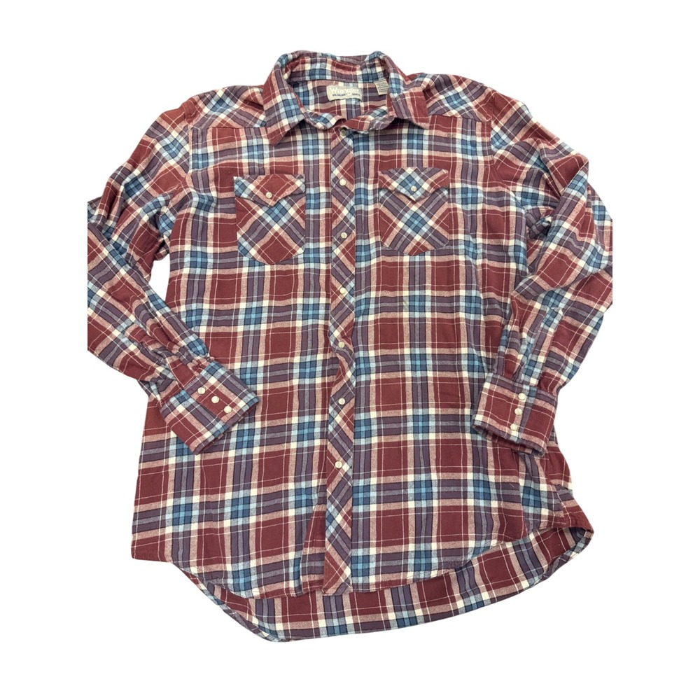 Wrangler Wrancher 2XT Tall Plaid Pearl Snap Western Shirt Burgundy Blue Cowboy